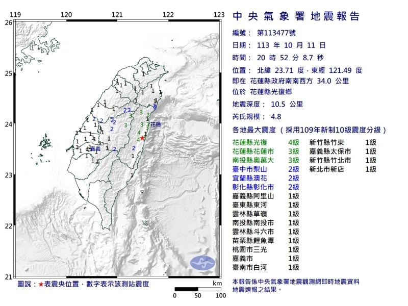 光復鄉發生芮氏規模4.8地震