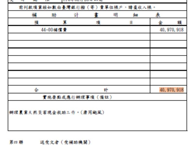 康芮颱風農損救助金新台幣40,970,918元轉入玉里鎮受災戶