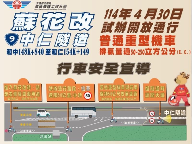 蘇花改中仁隧道4/30起試辦開放普通重型機車通行