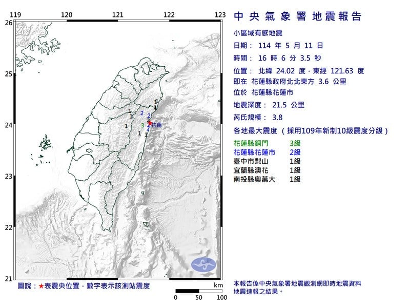 剛剛地震震央在花蓮市