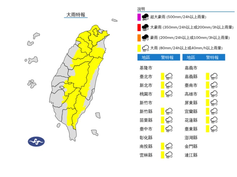 中央氣象署示警:短延時強降雨恐來襲,低窪地區注意積水、山區提高警覺
