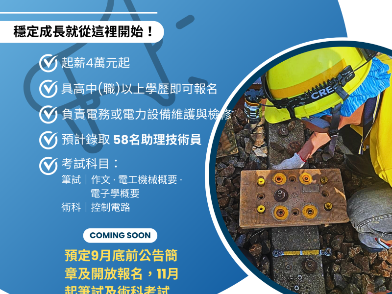 起薪四萬!臺鐵招募助理技術員,歡迎踴躍報考