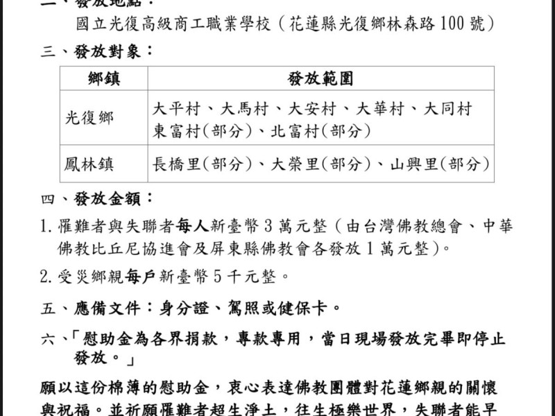 罹難與失聯者每人3萬元、受災戶每戶5,000元 ! 佛教團體10/28上午將於國立光復商工發放「慰助金」