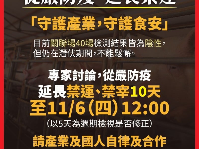 全台豬肉禁運、禁宰延長10天至11/6中午12:00