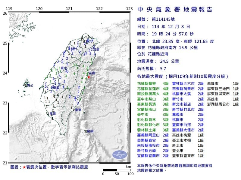 花蓮晚間發生芮氏規模5.7地震