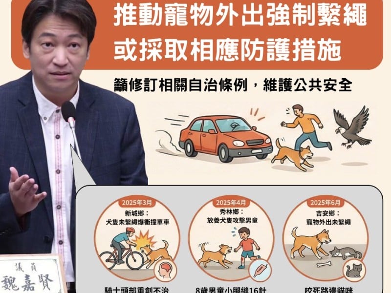魏嘉賢籲修禁止放養、未繫繩帶寵物出門自治條例
