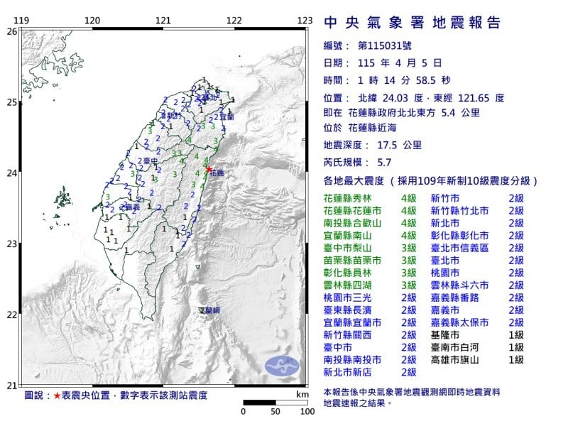 花蓮凌晨發生芮氏規模5.7地震