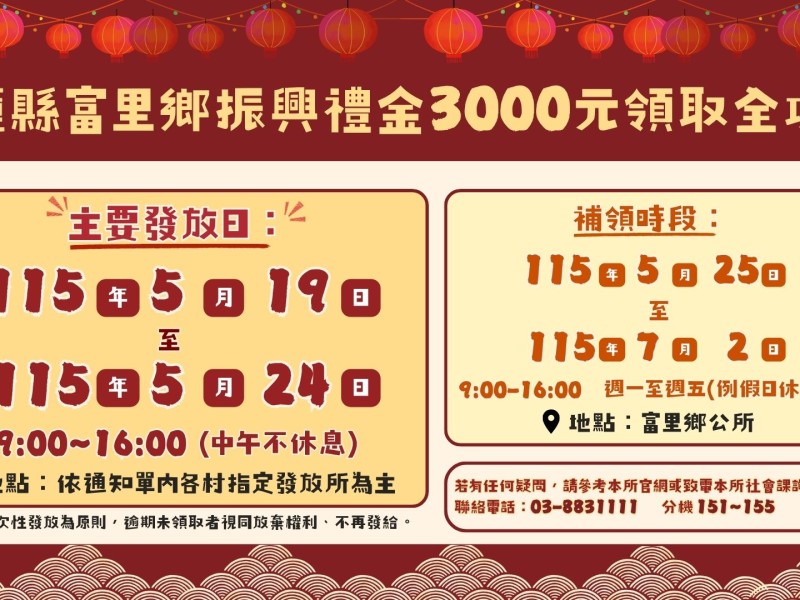 就是下週發放3000元囉 ! 富里鄉「振興經濟禮金」5/19開始領