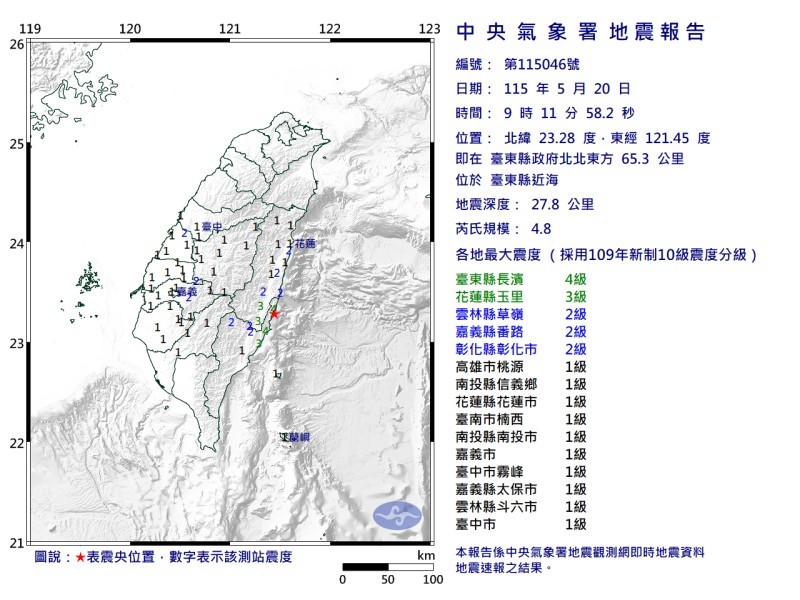 台東長濱近海發生芮氏規模4.8地震