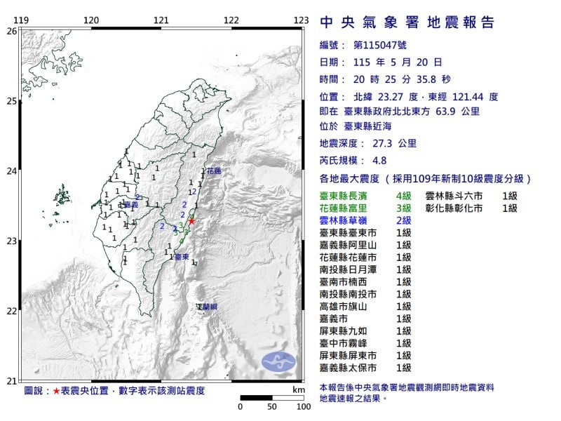 台東長濱鄉近海晚間又發生芮氏規模4.8地震