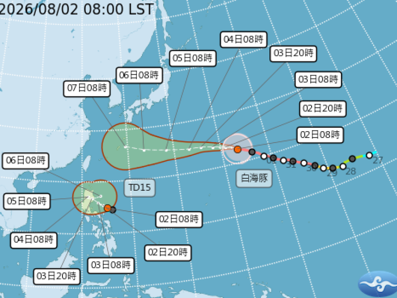 白海豚，路徑微向北調！推估8/8、8/9前後 有機會影響中國華東甚鉅