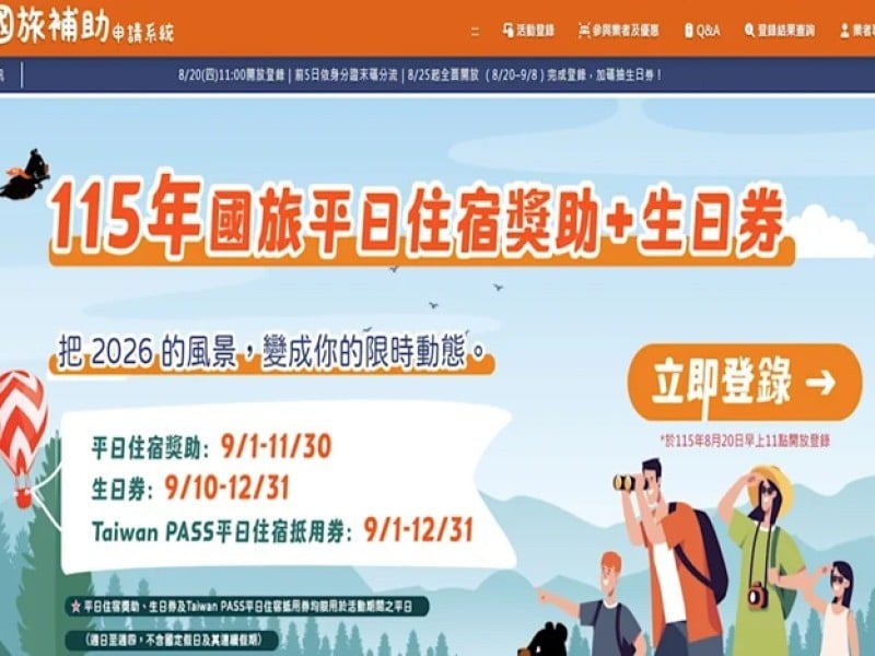 國旅生日券登記今下午5時截止　每月抽千名壽星、可與平日住宿補助合併使用